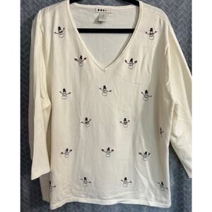Holiday V Neck Knit Snowman Pullover 2X Ivory with Embroidered Snowmen Festive
